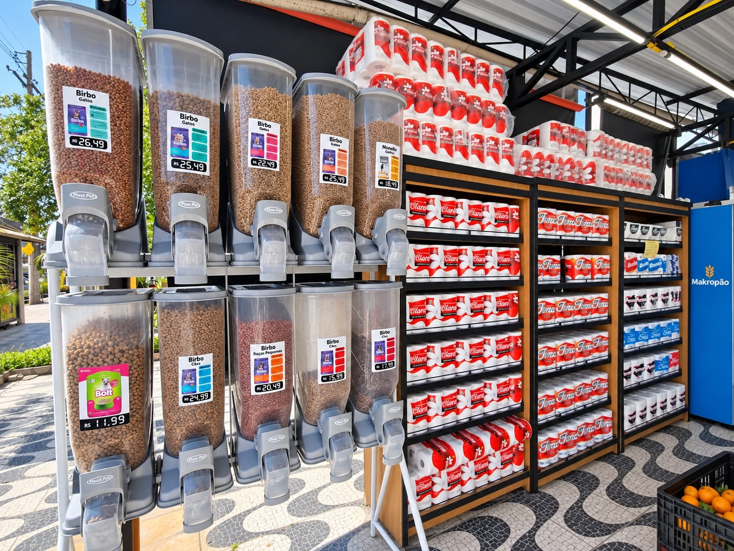 Expositores de produtos para gatos e outros cuidados com pet na Makropão