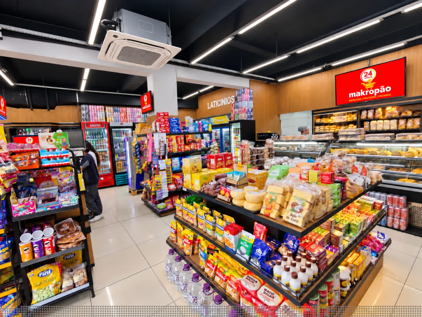 Interior iluminado da Makropão com produtos nas prateleiras