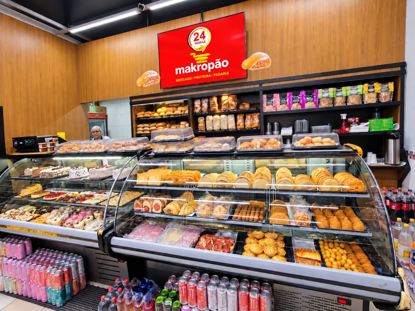 Balcão da padaria da Makropão com pães e salgados
